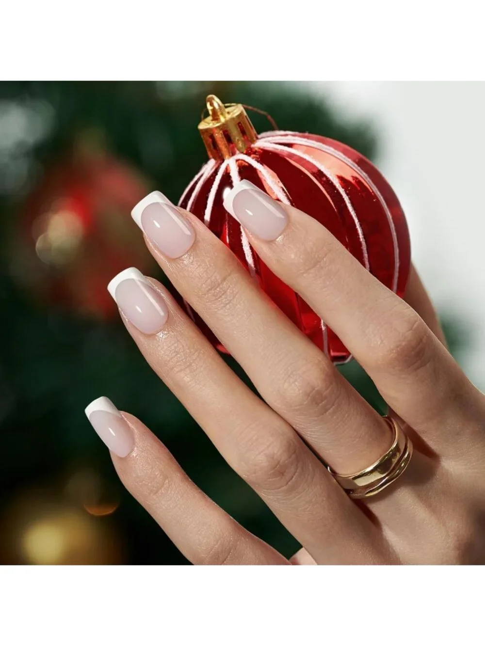 White French Tip Press-On Nails, Square Shape, 4-Week Wear, Easy Application